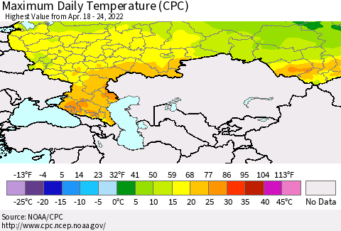 Russian Federation Maximum Daily Temperature (CPC) Thematic Map For 4/18/2022 - 4/24/2022