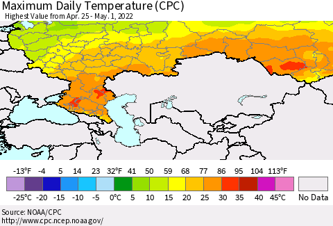 Russian Federation Maximum Daily Temperature (CPC) Thematic Map For 4/25/2022 - 5/1/2022