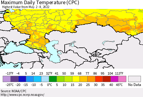 Russian Federation Maximum Daily Temperature (CPC) Thematic Map For 5/2/2022 - 5/8/2022