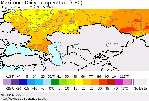 Russian Federation Maximum Daily Temperature (CPC) Thematic Map For 5/9/2022 - 5/15/2022