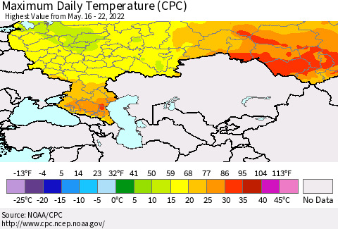 Russian Federation Maximum Daily Temperature (CPC) Thematic Map For 5/16/2022 - 5/22/2022