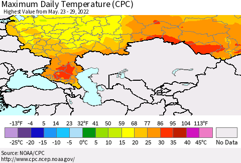 Russian Federation Maximum Daily Temperature (CPC) Thematic Map For 5/23/2022 - 5/29/2022
