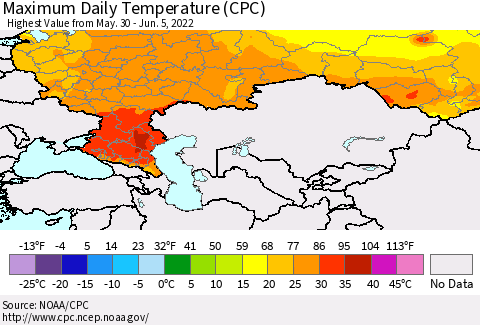 Russian Federation Maximum Daily Temperature (CPC) Thematic Map For 5/30/2022 - 6/5/2022