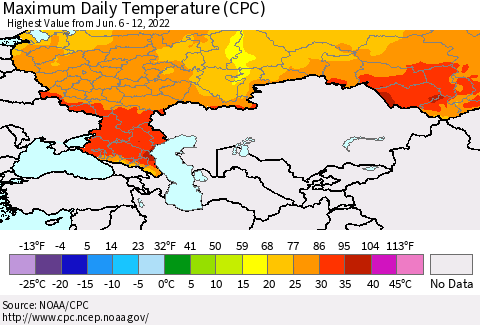 Russian Federation Maximum Daily Temperature (CPC) Thematic Map For 6/6/2022 - 6/12/2022