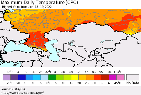 Russian Federation Maximum Daily Temperature (CPC) Thematic Map For 6/13/2022 - 6/19/2022