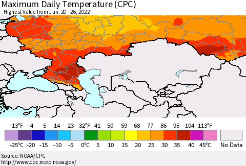 Russian Federation Maximum Daily Temperature (CPC) Thematic Map For 6/20/2022 - 6/26/2022