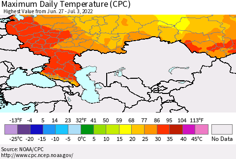 Russian Federation Maximum Daily Temperature (CPC) Thematic Map For 6/27/2022 - 7/3/2022