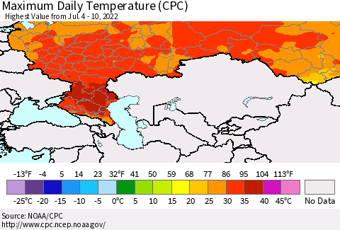 Russian Federation Maximum Daily Temperature (CPC) Thematic Map For 7/4/2022 - 7/10/2022