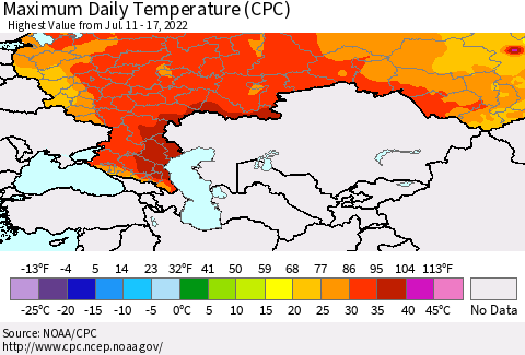Russian Federation Maximum Daily Temperature (CPC) Thematic Map For 7/11/2022 - 7/17/2022