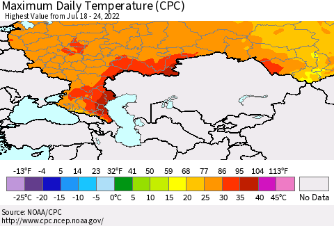 Russian Federation Maximum Daily Temperature (CPC) Thematic Map For 7/18/2022 - 7/24/2022
