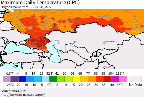 Russian Federation Maximum Daily Temperature (CPC) Thematic Map For 7/25/2022 - 7/31/2022
