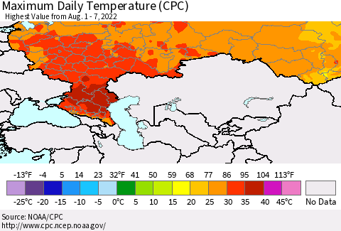 Russian Federation Maximum Daily Temperature (CPC) Thematic Map For 8/1/2022 - 8/7/2022
