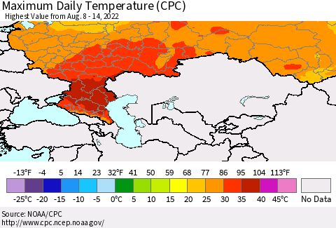 Russian Federation Maximum Daily Temperature (CPC) Thematic Map For 8/8/2022 - 8/14/2022