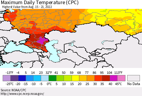 Russian Federation Maximum Daily Temperature (CPC) Thematic Map For 8/15/2022 - 8/21/2022