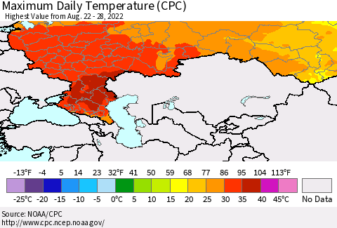 Russian Federation Maximum Daily Temperature (CPC) Thematic Map For 8/22/2022 - 8/28/2022