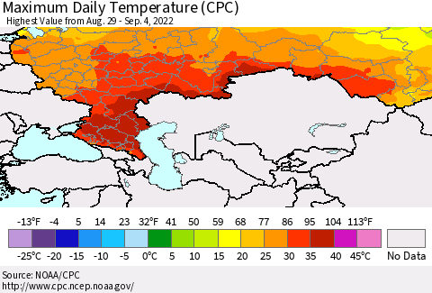 Russian Federation Maximum Daily Temperature (CPC) Thematic Map For 8/29/2022 - 9/4/2022
