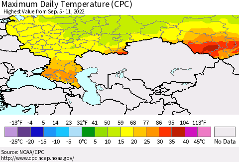 Russian Federation Maximum Daily Temperature (CPC) Thematic Map For 9/5/2022 - 9/11/2022