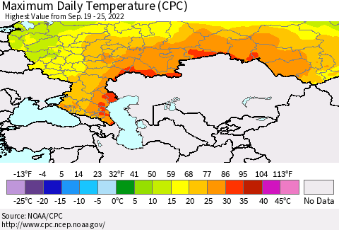 Russian Federation Maximum Daily Temperature (CPC) Thematic Map For 9/19/2022 - 9/25/2022