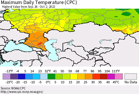 Russian Federation Maximum Daily Temperature (CPC) Thematic Map For 9/26/2022 - 10/2/2022
