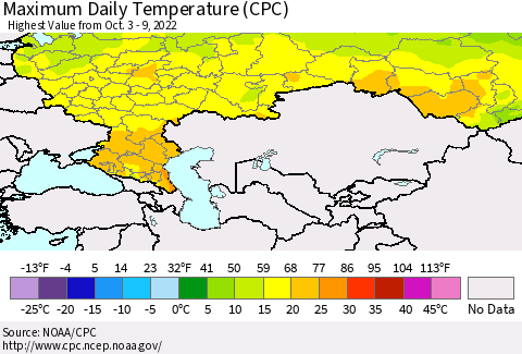 Russian Federation Maximum Daily Temperature (CPC) Thematic Map For 10/3/2022 - 10/9/2022