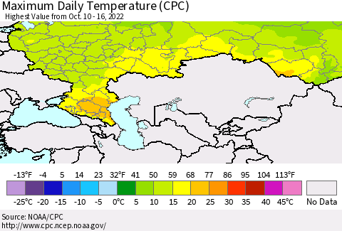Russian Federation Maximum Daily Temperature (CPC) Thematic Map For 10/10/2022 - 10/16/2022