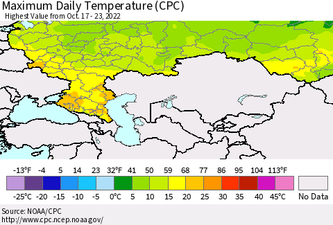 Russian Federation Maximum Daily Temperature (CPC) Thematic Map For 10/17/2022 - 10/23/2022
