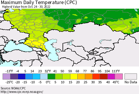 Russian Federation Maximum Daily Temperature (CPC) Thematic Map For 10/24/2022 - 10/30/2022