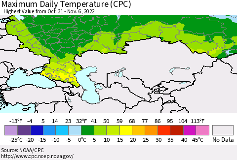 Russian Federation Maximum Daily Temperature (CPC) Thematic Map For 10/31/2022 - 11/6/2022