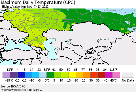 Russian Federation Maximum Daily Temperature (CPC) Thematic Map For 11/7/2022 - 11/13/2022