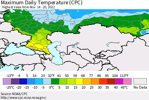 Russian Federation Maximum Daily Temperature (CPC) Thematic Map For 11/14/2022 - 11/20/2022