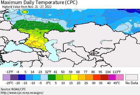 Russian Federation Maximum Daily Temperature (CPC) Thematic Map For 11/21/2022 - 11/27/2022