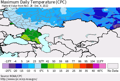 Russian Federation Maximum Daily Temperature (CPC) Thematic Map For 11/28/2022 - 12/4/2022