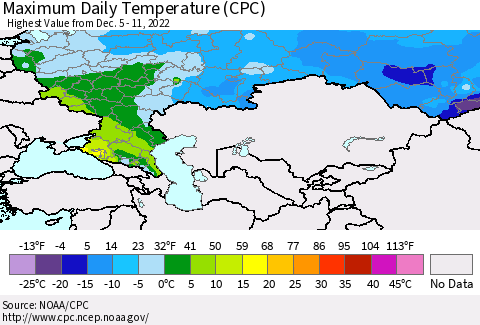 Russian Federation Maximum Daily Temperature (CPC) Thematic Map For 12/5/2022 - 12/11/2022