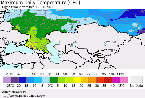 Russian Federation Maximum Daily Temperature (CPC) Thematic Map For 12/12/2022 - 12/18/2022