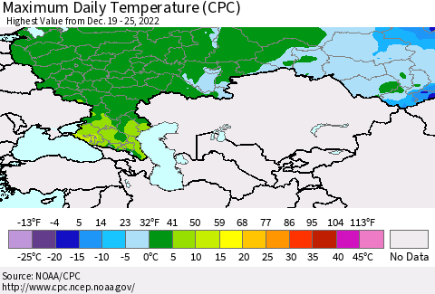 Russian Federation Maximum Daily Temperature (CPC) Thematic Map For 12/19/2022 - 12/25/2022
