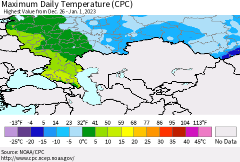 Russian Federation Maximum Daily Temperature (CPC) Thematic Map For 12/26/2022 - 1/1/2023