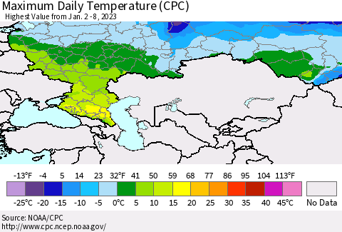 Russian Federation Maximum Daily Temperature (CPC) Thematic Map For 1/2/2023 - 1/8/2023