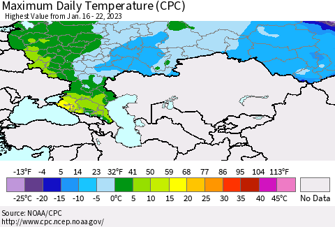 Russian Federation Maximum Daily Temperature (CPC) Thematic Map For 1/16/2023 - 1/22/2023