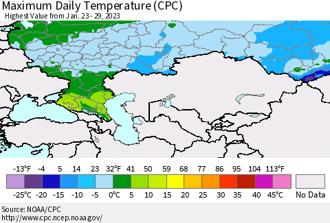 Russian Federation Maximum Daily Temperature (CPC) Thematic Map For 1/23/2023 - 1/29/2023