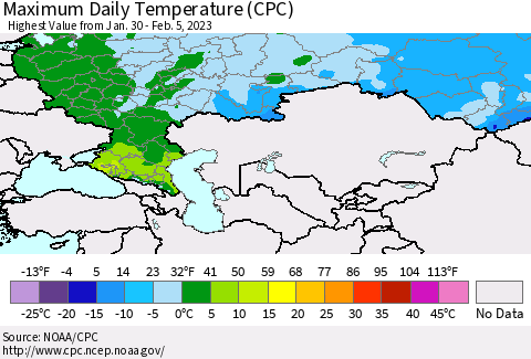Russian Federation Maximum Daily Temperature (CPC) Thematic Map For 1/30/2023 - 2/5/2023