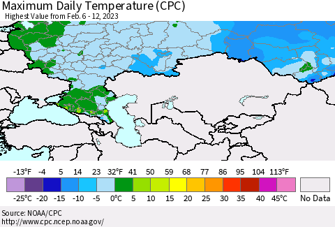 Russian Federation Maximum Daily Temperature (CPC) Thematic Map For 2/6/2023 - 2/12/2023