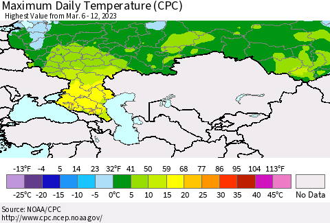 Russian Federation Maximum Daily Temperature (CPC) Thematic Map For 3/6/2023 - 3/12/2023