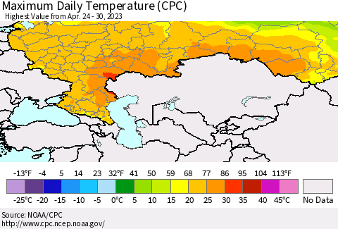 Russian Federation Maximum Daily Temperature (CPC) Thematic Map For 4/24/2023 - 4/30/2023