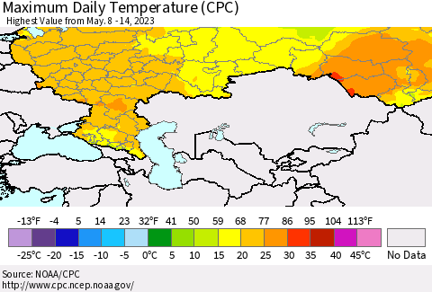 Russian Federation Maximum Daily Temperature (CPC) Thematic Map For 5/8/2023 - 5/14/2023