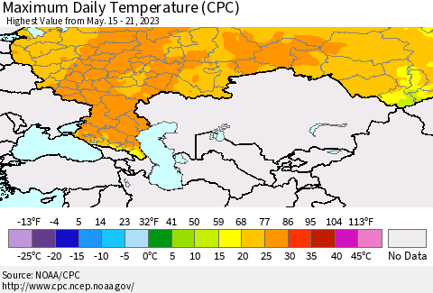 Russian Federation Maximum Daily Temperature (CPC) Thematic Map For 5/15/2023 - 5/21/2023