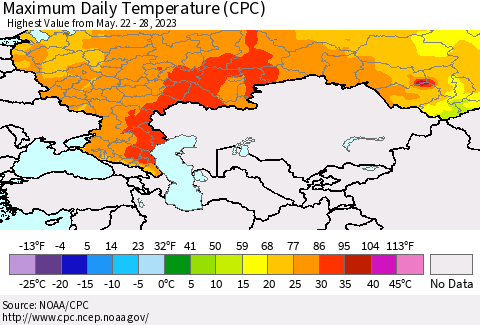 Russian Federation Maximum Daily Temperature (CPC) Thematic Map For 5/22/2023 - 5/28/2023