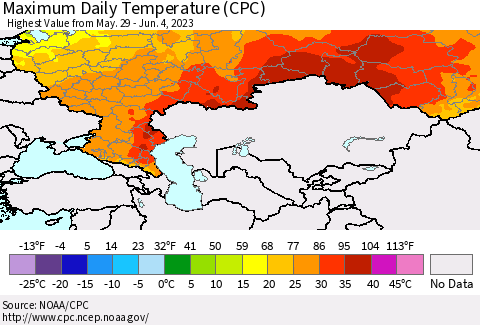 Russian Federation Maximum Daily Temperature (CPC) Thematic Map For 5/29/2023 - 6/4/2023
