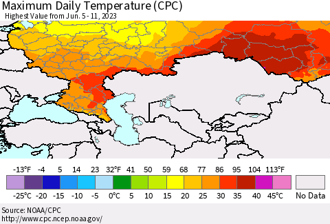 Russian Federation Maximum Daily Temperature (CPC) Thematic Map For 6/5/2023 - 6/11/2023