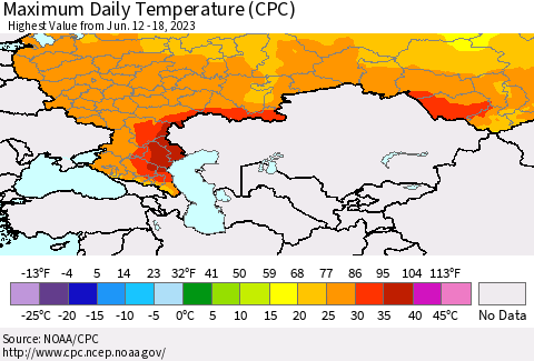 Russian Federation Maximum Daily Temperature (CPC) Thematic Map For 6/12/2023 - 6/18/2023