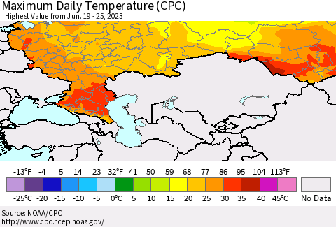 Russian Federation Maximum Daily Temperature (CPC) Thematic Map For 6/19/2023 - 6/25/2023